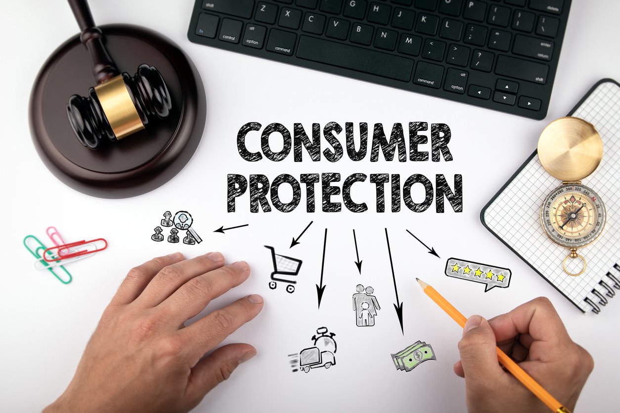 A photo illustration depicts items associated with consumer protection law